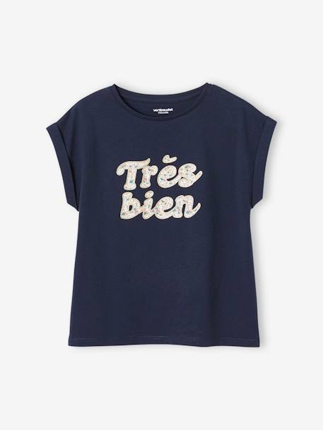 Mädchen T-Shirt, Blumen-Schriftzug Oeko-Tex - hellgelb+himmelblau+marine/tres bien+wollweiß/bonjour - 9