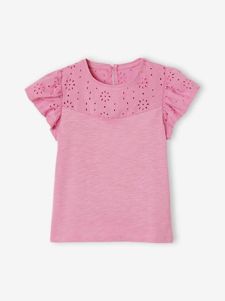 Mädchen T-Shirt mit Volantärmeln und Lochstickerei Oeko-Tex - dunkelrosa+fuchsia+hellgrün+koralle+marine+weiß - 1