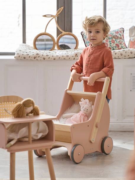 2-in-1 Puppen-Kinderwagen, Lauflernwagen, Holz FSC® - rosa+weiß/natur - 1