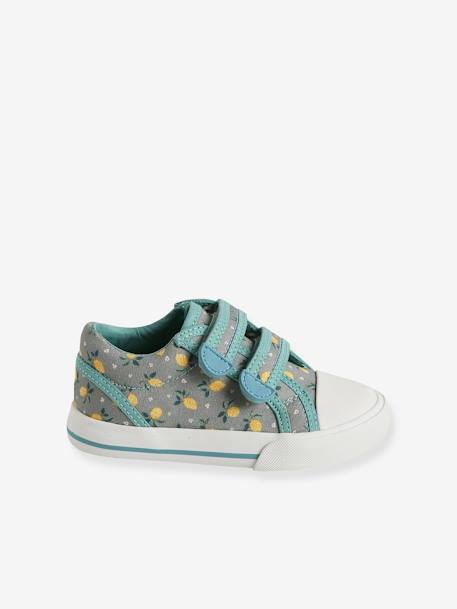 Mädchen Klett-Sneakers, Anziehtrick - hellblau+jeansblau+rosa bedruckt+weiß/gelb geblümt - 2