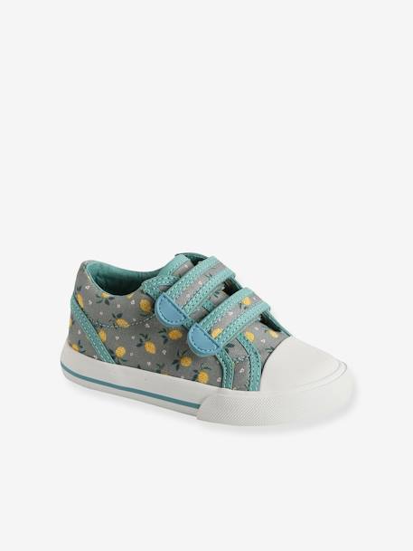 Mädchen Klett-Sneakers, Anziehtrick - hellblau+jeansblau+rosa bedruckt+weiß/gelb geblümt - 1
