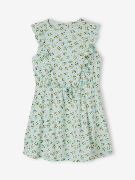 Mädchen Kleid mit Volants Oeko-Tex - grün bedruckt+hellblau - 6