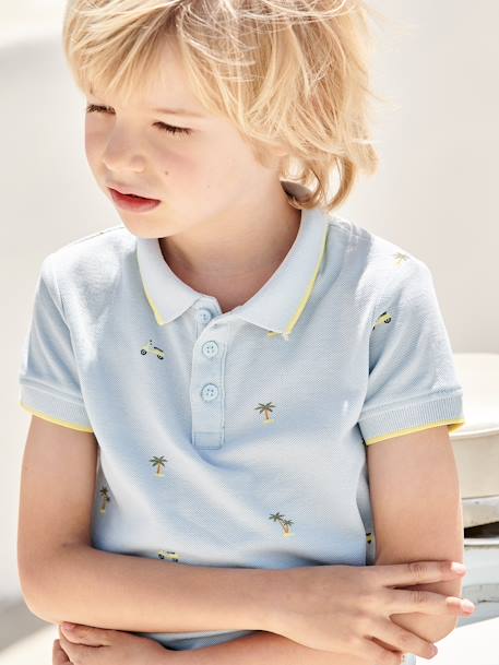 Jungen Poloshirt, Pikee Oeko-Tex - blau bedruckt+wollweiß - 2