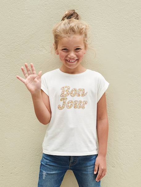 Mädchen T-Shirt, Blumen-Schriftzug Oeko-Tex - hellgelb+himmelblau+marine/tres bien+wollweiß/bonjour - 12