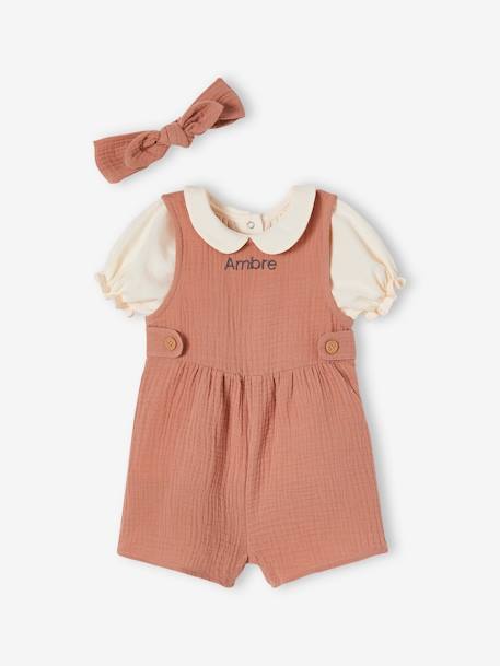 Mädchen Baby-Set: T-Shirt, Kurzoverall & Haarband, personalisierbar - altrosa+salbeigrün - 1