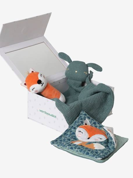 Baby Geschenk-Set: Schmusetuch, Rassel & Stoffbuch mit Geschenkverpackung, personalisierbar - gelb+orange/grün/märchenwald+orange/tansania - 5