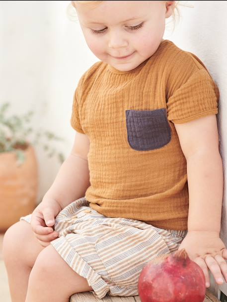 Baby T-Shirt mit Materialmix - karamell - 1