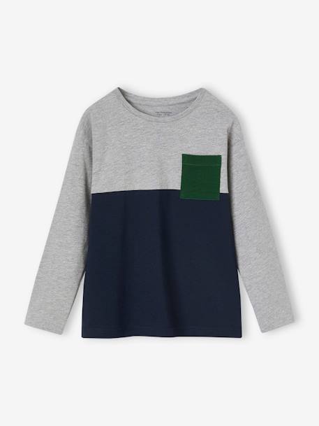 Jungen Shirt Colorblock Oeko-Tex, personalisierbar - grau/nachtblau+hellbeige/salbei - 1