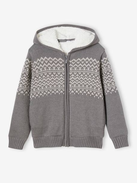 Gefütterte Jungen Strickjacke - grau meliert+marine - 1