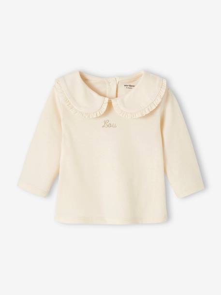 Mädchen Baby Shirt, Bubikragen mit Rüschen Oeko-Tex, personalisierbar - beige+hellbeige - 9