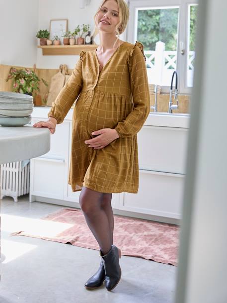 Kleid für Schwangerschaft & Stillzeit, Glitzer-Karos - khaki - 1