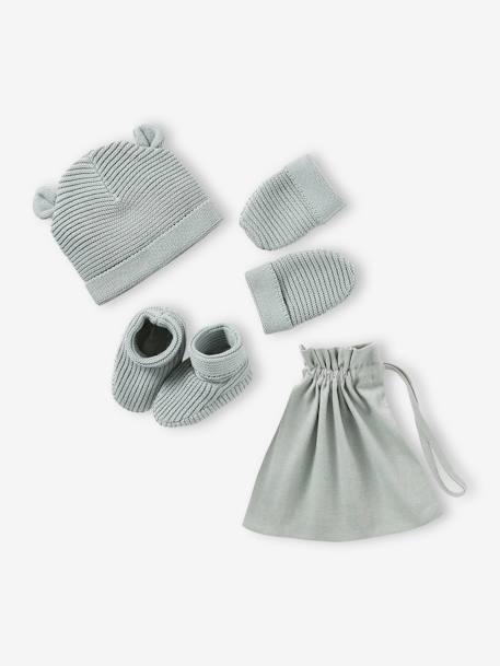 Baby-Set: Mütze, Fäustlinge & Schühchen im Geschenkbeutel Oeko Tex - graublau+marine+wollweiß - 1