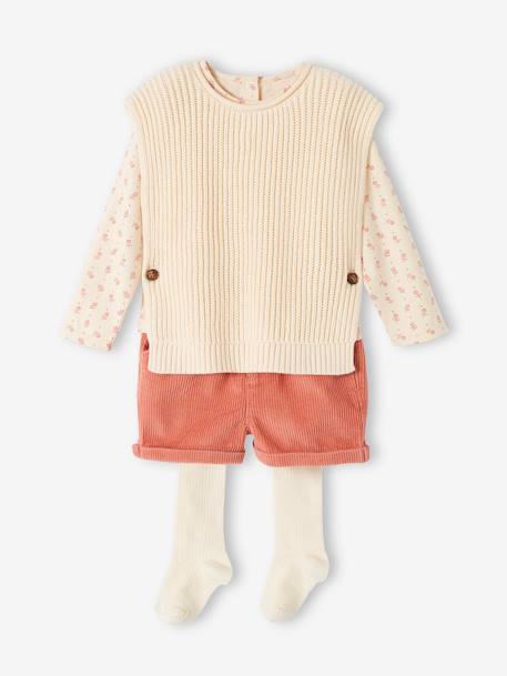 Mädchen Baby-Set: Shirt, Shorts, Pullunder & Strumpfhose - altrosa - 3