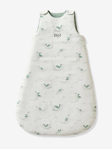 Ärmelloser Baby Schlafsack aus Musselin DRACHE personalisierbar Oeko-Tex - weiß bedruckt - 1