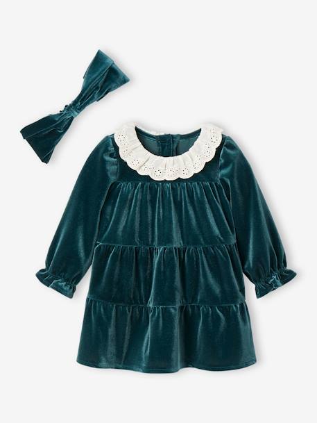 Mädchen Baby Weihnachts-Geschenkset: Samtkleid & Haarband - smaragdgrün - 8