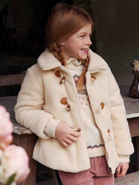 Mädchen Teddyfleece-Mantel mit Knebelverschluss, Wattierung Recycling-Polyester - wollweiß - 2