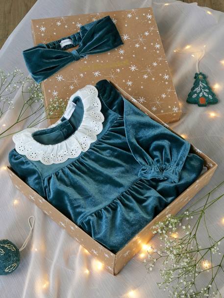 Mädchen Baby Weihnachts-Geschenkset: Samtkleid & Haarband - smaragdgrün - 3
