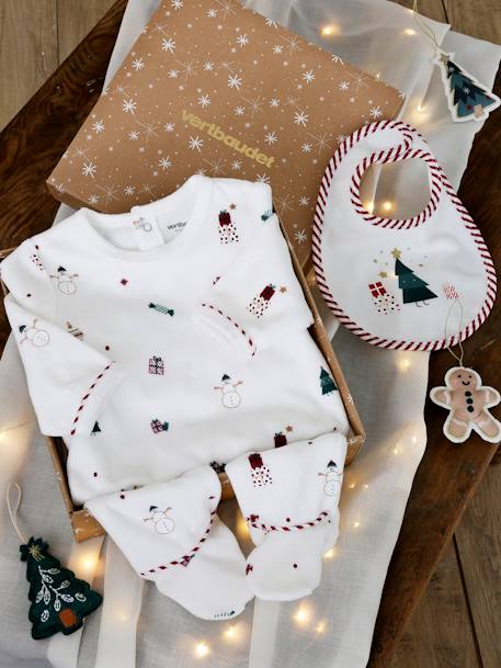 Weihnachtliches Baby Geschenk-Set: Samt-Strampler & Lätzchen Oeko-Tex - wollweiß - 1