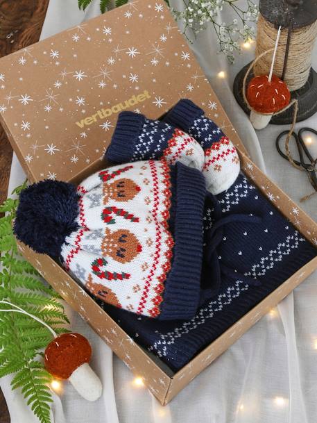 Jungen Baby Weihnachts-Geschenkset: Mütze, Fäustlinge & Rundschal - marine - 1