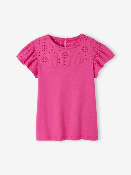 Mädchen T-Shirt mit Volantärmeln und Lochstickerei Oeko-Tex - dunkelrosa+fuchsia+hellgrün+koralle+marine+weiß - 4