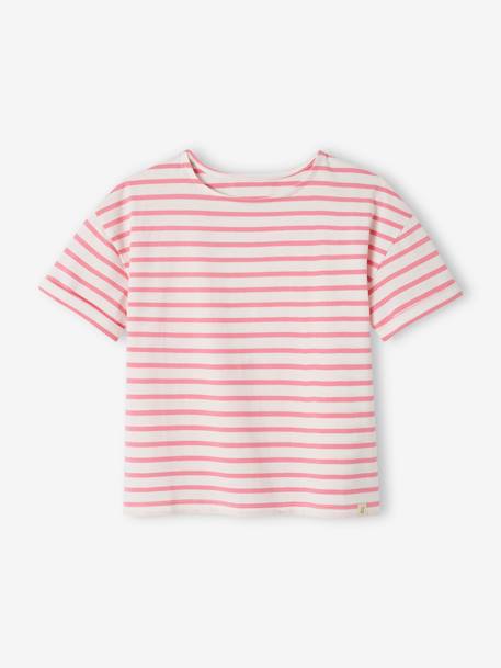 Geringeltes Mädchen T-Shirt mit Recycling-Baumwolle, personalisierbar - dunkelblau+rosa gestreift - 7