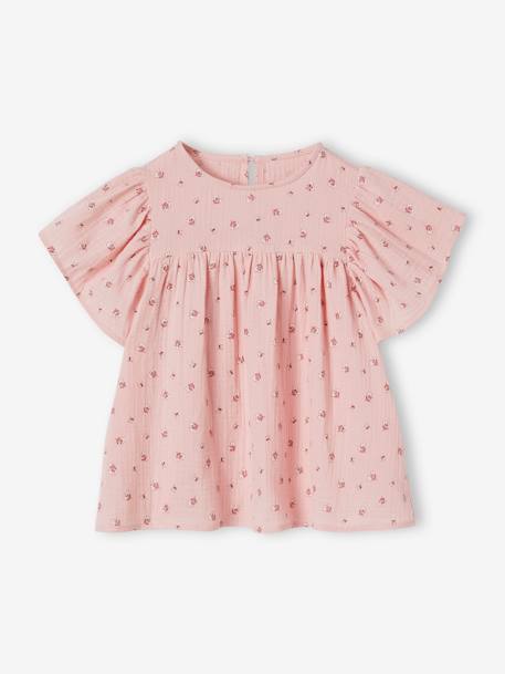 Mädchen Bluse mit Schmetterlingsärmeln, Bio-Baumwolle - rosa+wollweiß - 1