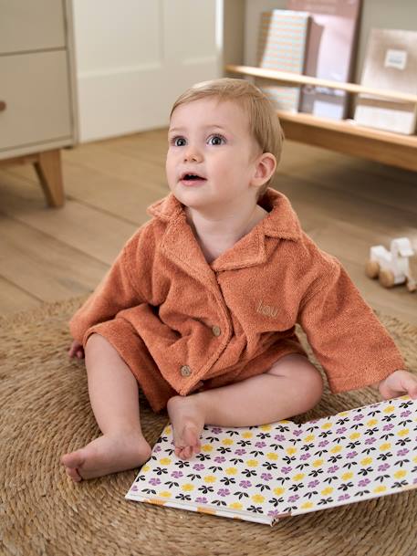Baby Bademantel mit Recycling-Baumwolle, personalisierbar - beige+blau chambray+terrakotta - 8