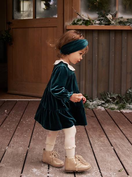 Mädchen Baby Weihnachts-Geschenkset: Samtkleid & Haarband - smaragdgrün - 2