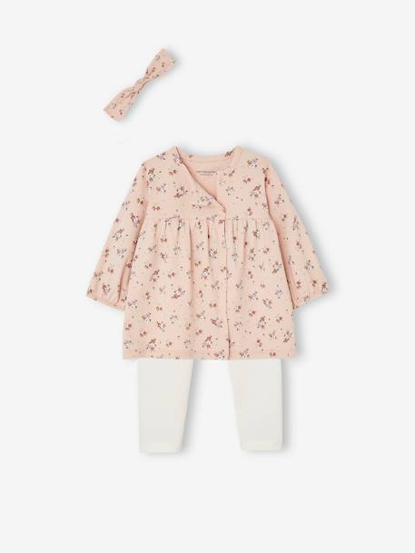 Mädchen Baby Set aus Haarband, Kleid & Leggings Oeko Tex - pudrig rosa+wollweiß bedruckt - 1