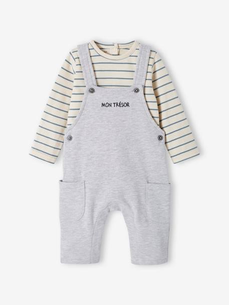 Baby Set MON TRÉSOR: Shirt & Latzhose, personalisierbar Oeko-Tex - grau meliert+graublau+karamell - 1