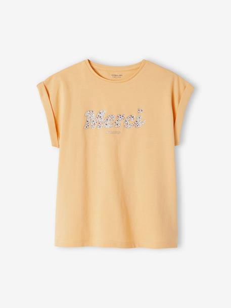 Mädchen T-Shirt, Blumen-Schriftzug Oeko-Tex - hellgelb+himmelblau+marine/tres bien+wollweiß/bonjour - 1