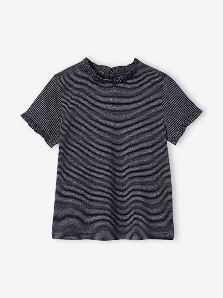 Mädchen T-Shirt mit Glanzstreifen, personalisierbar - marine+wollweiß - 1