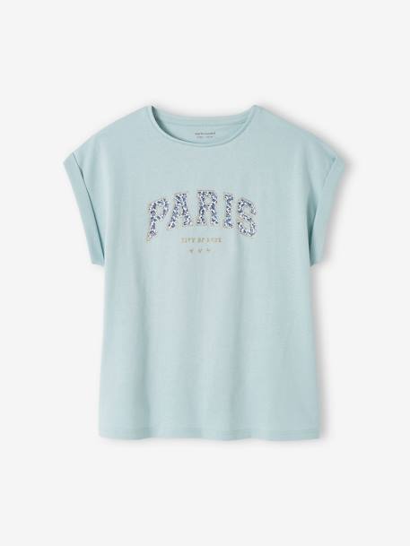 Mädchen T-Shirt, Blumen-Schriftzug Oeko-Tex - hellgelb+himmelblau+marine/tres bien+wollweiß/bonjour - 6