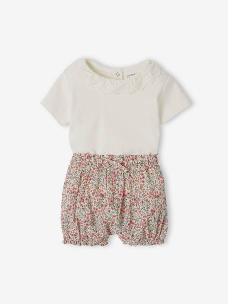 Baby-Set: T-Shirt mit Kragen & geblümte Shorts, personalisierbar - wollweiß - 3