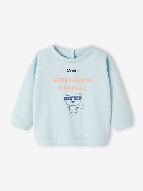 Baby Sweatshirt SUPER-HÉROS RIGOLO, personalisierbar Oeko-Tex - himmelblau+pekannüsse - 6