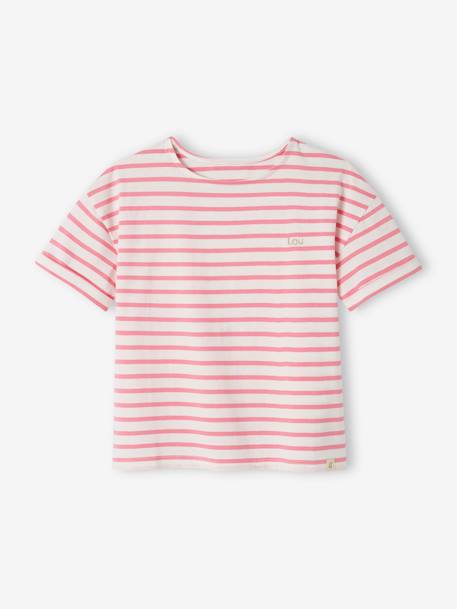 Geringeltes Mädchen T-Shirt mit Recycling-Baumwolle, personalisierbar - dunkelblau+rosa gestreift - 8
