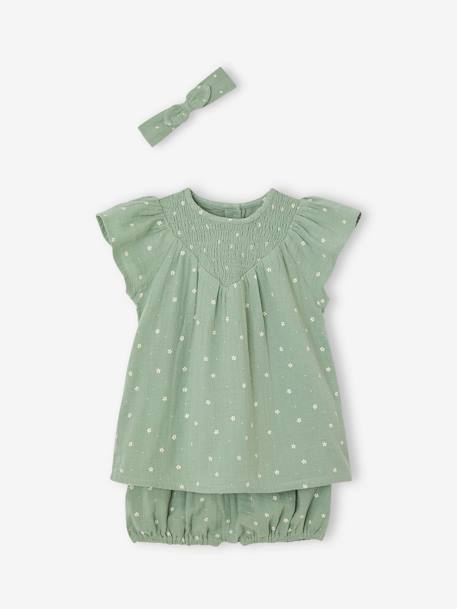 Mädchen Baby-Set: Kleid, Shorts & Haarband - salbeigrün - 1