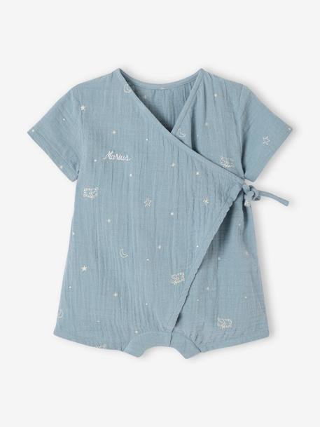 Kurzer Baby Schlafanzug, personalisierbar Oeko-Tex - graublau+wollweiß - 1