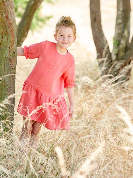 Mädchen Kleid mit Knopfleiste - graublau+rot+wollweiß - 5