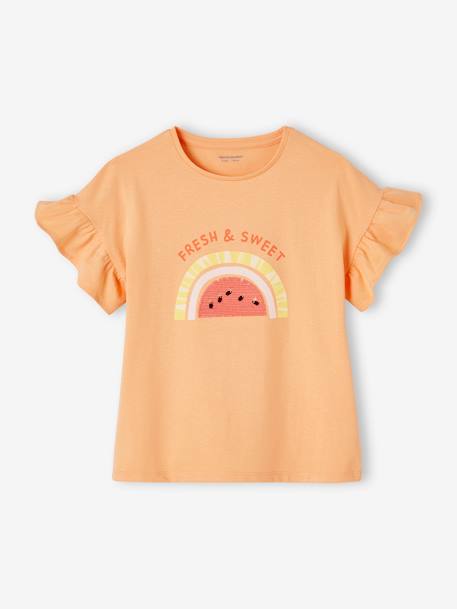 Mädchen T-Shirt mit Pailletten Oeko-Tex - erdbeer+mandarine+wollweiß - 6