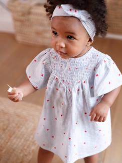 -Baby-Set aus Seersucker: Kleid, Shorts & Haarband