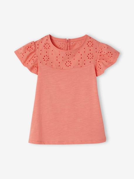 Mädchen T-Shirt mit Volantärmeln und Lochstickerei Oeko-Tex - dunkelrosa+fuchsia+hellgrün+koralle+marine+weiß - 12