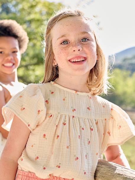 Mädchen Bluse mit Schmetterlingsärmeln, Bio-Baumwolle - rosa+wollweiß - 4